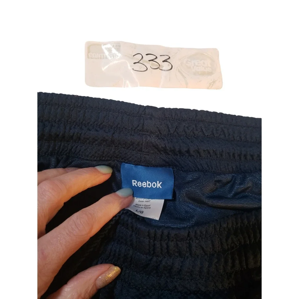 Reebok Mens Pants L Blue Drawstring Flat‎ Front Side High Rise Pockets Track